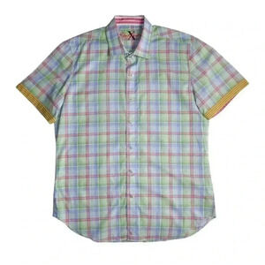 Robert Graham Men’s Short Sleeve Button Down Shirt Tailored Fit Size L Blue Red